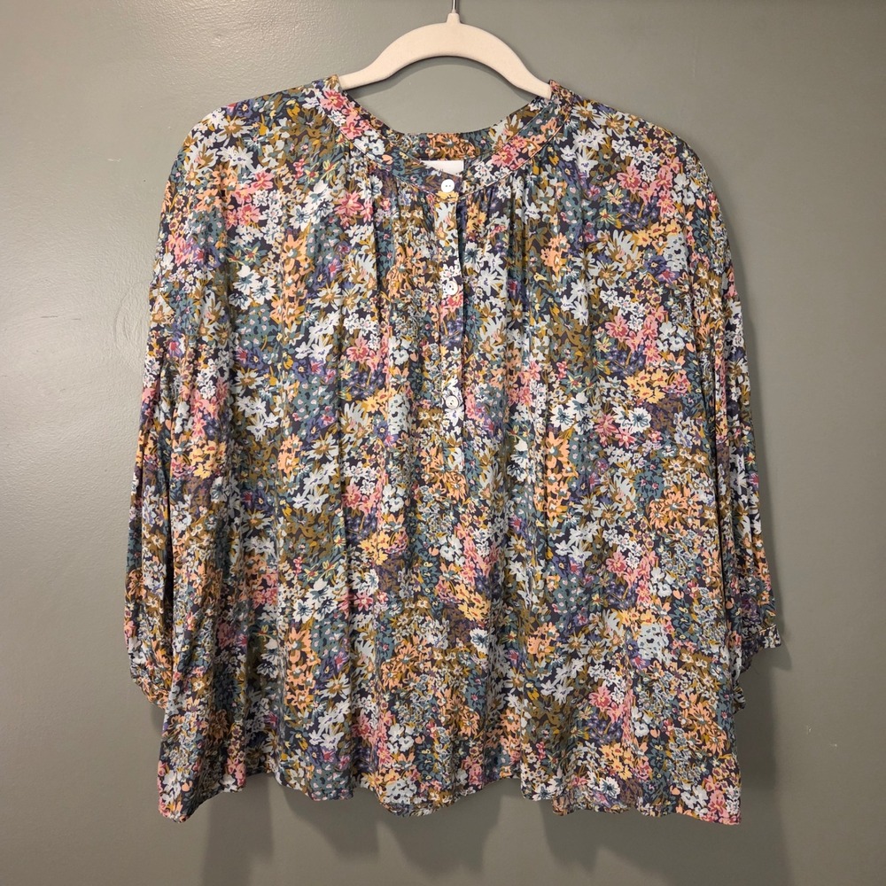 J. Jill Women's Half Button Up 3/4 Sleeve Blouse Size L Petite Floral Print
